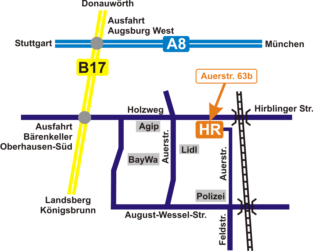 Anfahrtsskizze: Von der A8, Ausfahrt Augsburg West, über die B17 zur Ausfahrt Bärenkeller/Oberhausen-Süd, dann Holzweg und Auerstraße zu den Healing Rooms (HR) an der Alten Auerstr. 63b